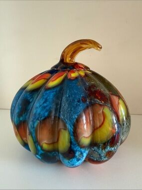 Hand-Blown Multicolor Glass Pumpkin Sculpture - Blue & Amber